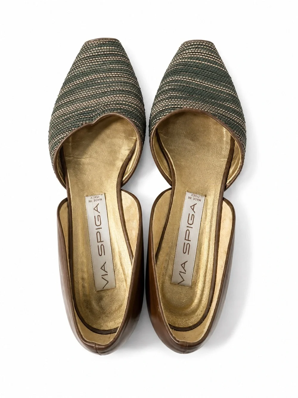 Via Spiga Olive Green Woven Peep-Toe Flats with Brown Trim